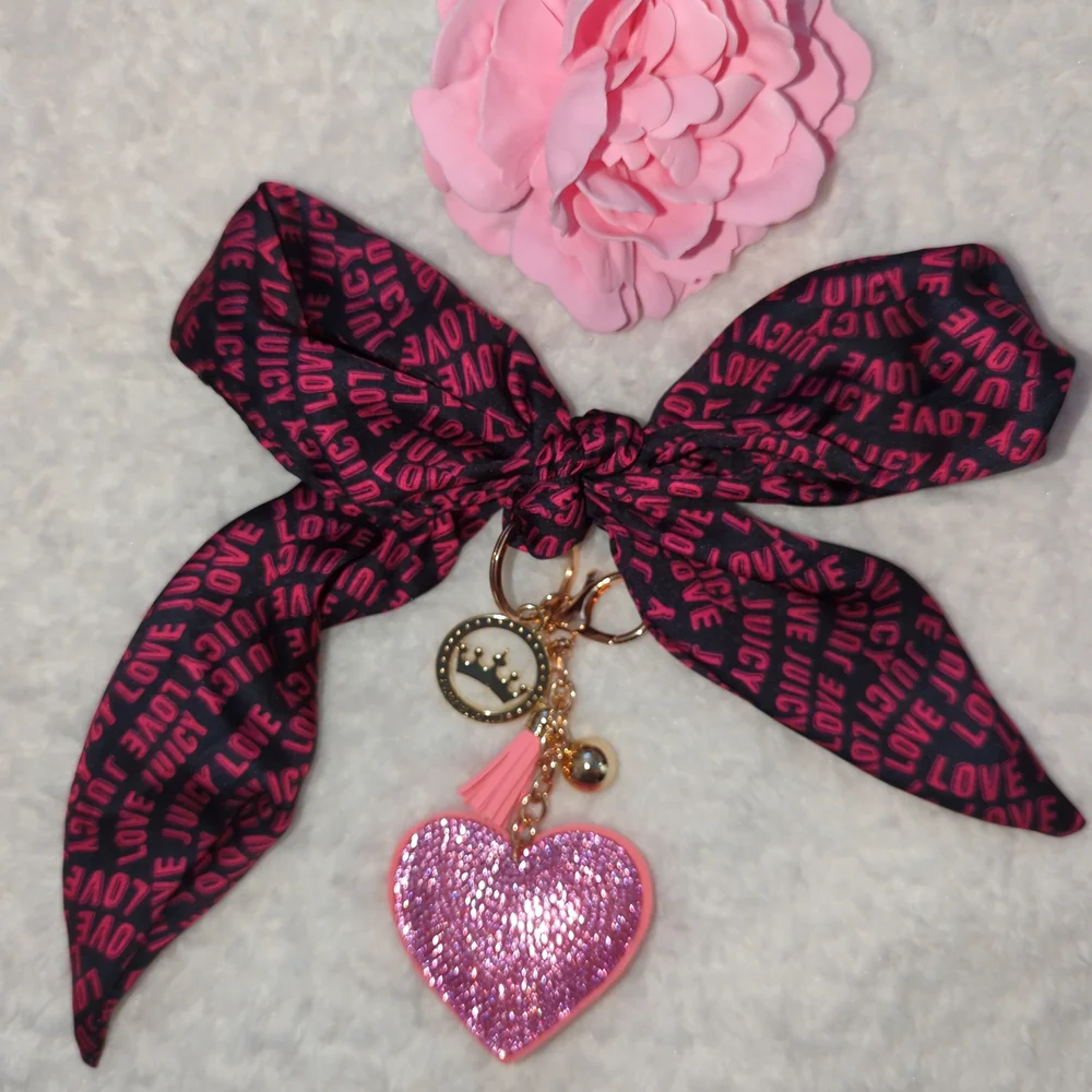 Juicy Couture Black and Pink Heart Keychain with Bow One Of A Kind